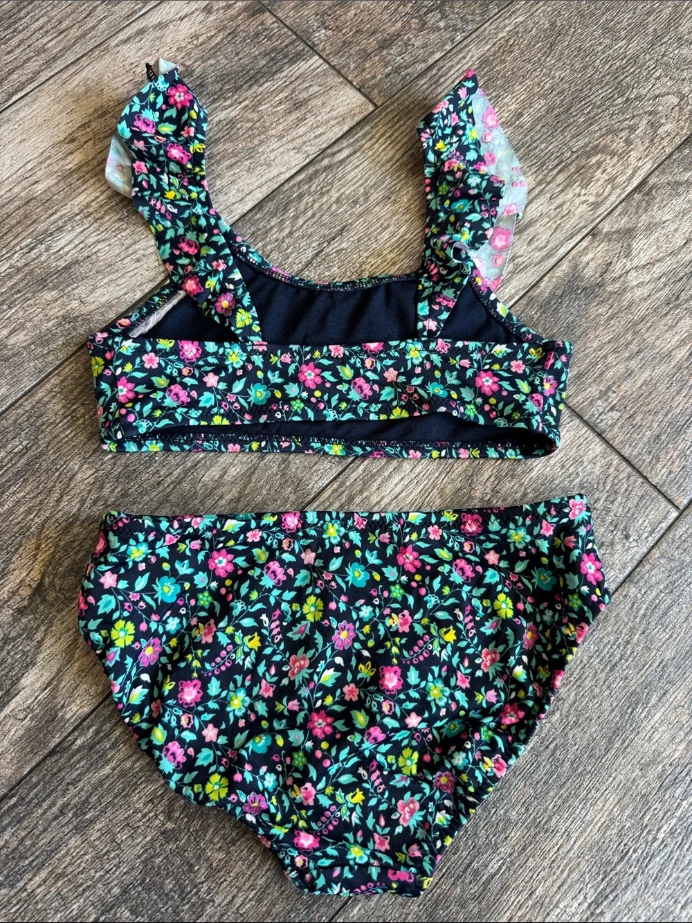 GAP Girls Black Floral Two-Piece Swim Set with Pink & Green Flowers